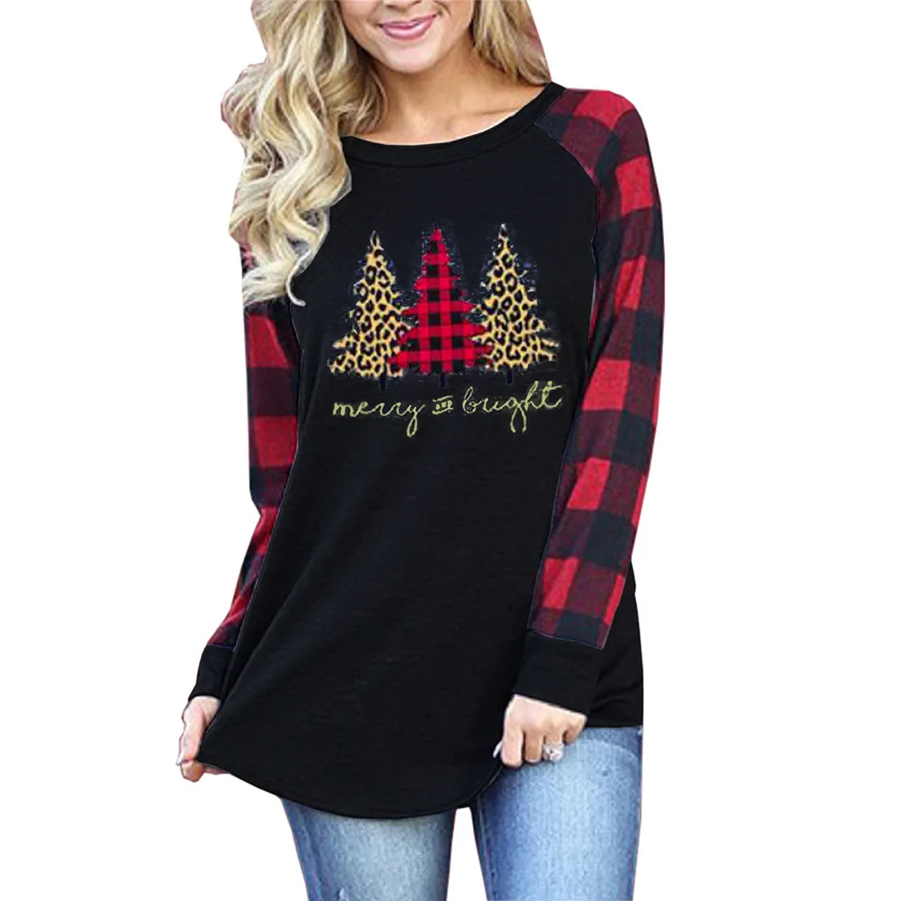 2024 Europe and the United States Spring and autumn women\'s Christmas printed round neck plaid long-sleeved top T-shirt