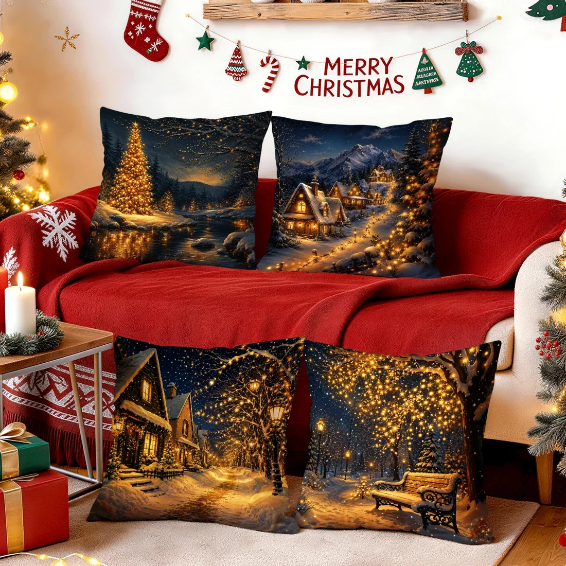 1/4pcs Christmas Night Scene Town Cushions Pillowcase Polyester Cushion Cover Throw Pillow Pillowcover Home Car Sofa Decor