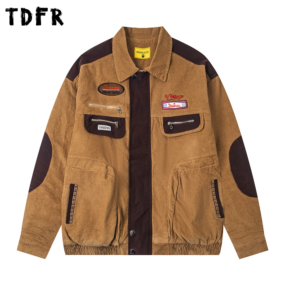 

Patchwork Corduroy Quilted Jacket Mens Letter Embroidery Winter Retro Casual Lapel Long Sleeve Thick Outerwear Man