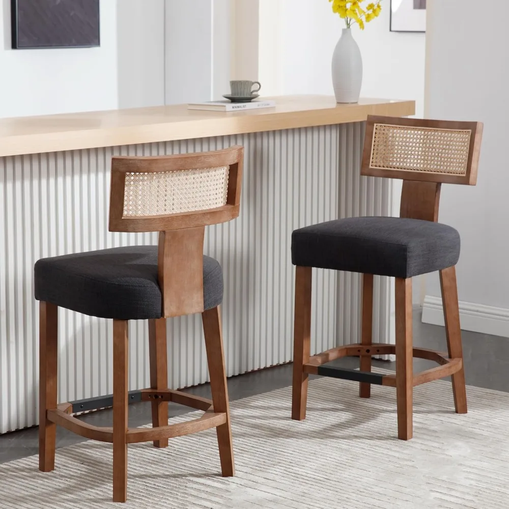 26” Rattan Bar Stools Set of 4 Counter Height Bar Stools Modern Kitchen Counter Stools with Natural Rattan Woven Back, Farmhouse