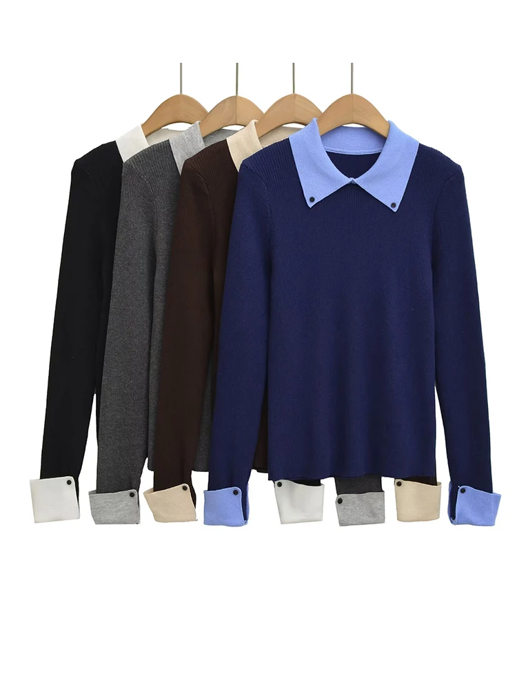

Ladies' Two-Tone Polo Collar Knitted Sweater Women Fashion Long Sleeve Pullover Tops (4 Colors)
