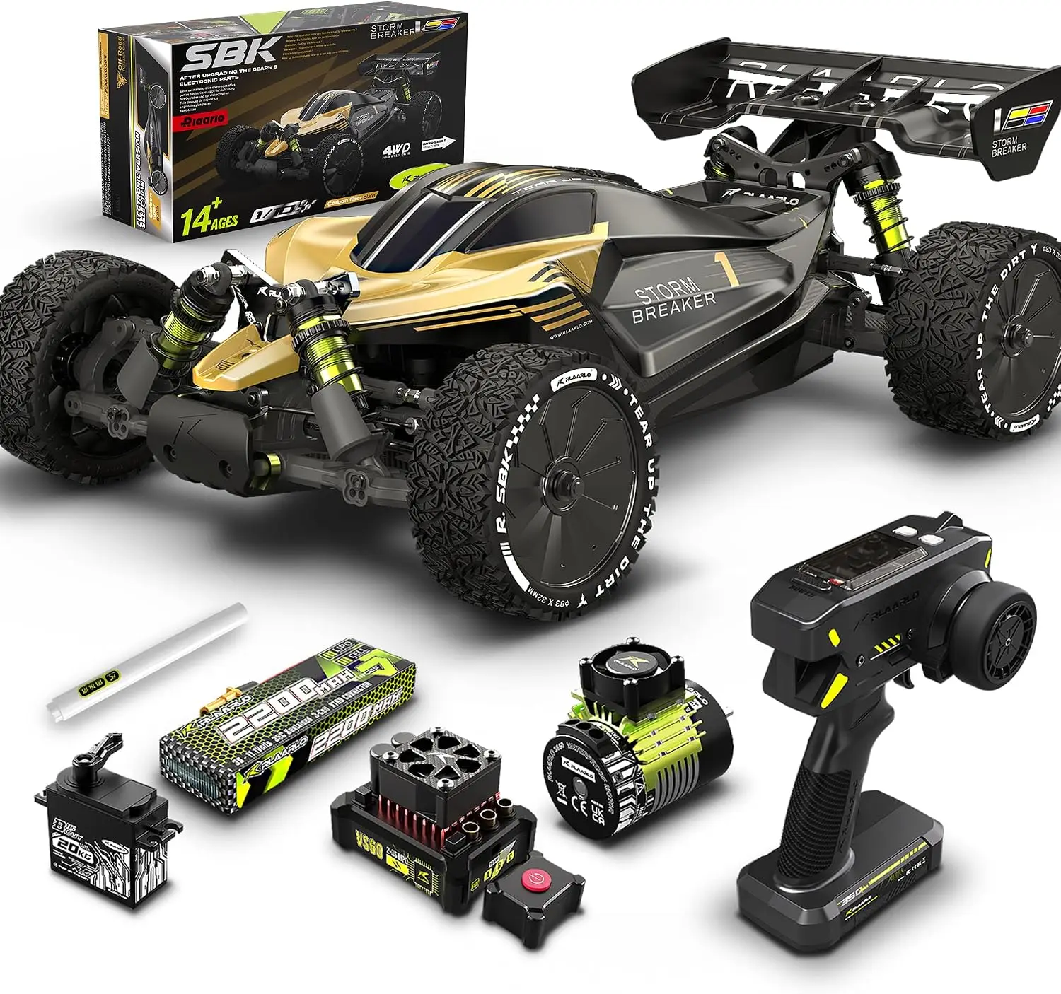 1/10 Scale 4WD Brushless RC Buggy, 50+ MPH, Carbon Fiber Body, 3650-2650KV Motor, 3S LiPo, Alloy Chassis, Sealed Diffs, 20kg Servo, 6CH Radio, Waterproof, All-terrain, for Ages 14+