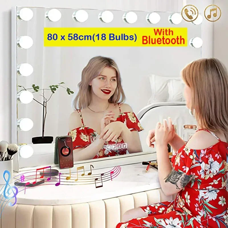 18 Bulbs with Bluetooth Makeup Vanity Mirror with Lights Large Lighted Hollywood Vanity Mirror for Tabletop Wall Mounted USB