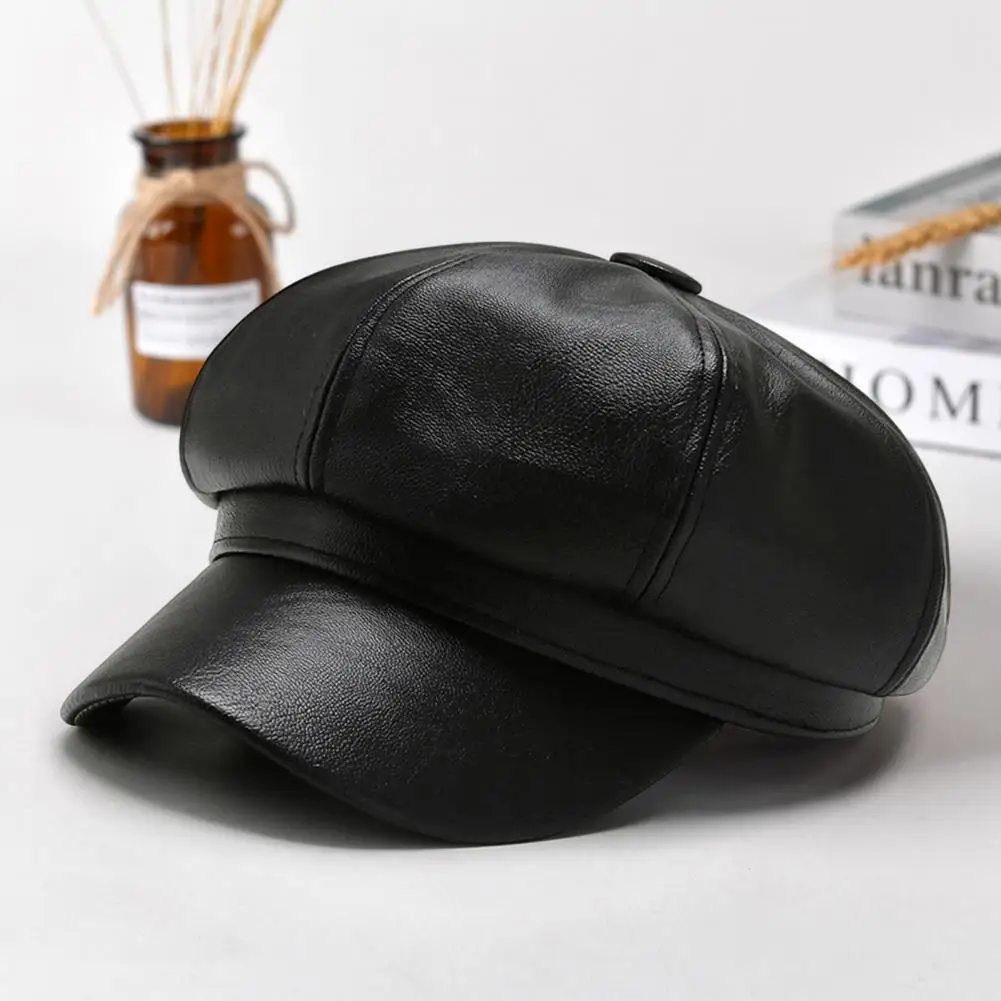 

Women PU Leather Beret Cap Retro Solid Faux Leather Short Brim Sun Anti UV Lady Painter Hat Unisex Octagonal Cap