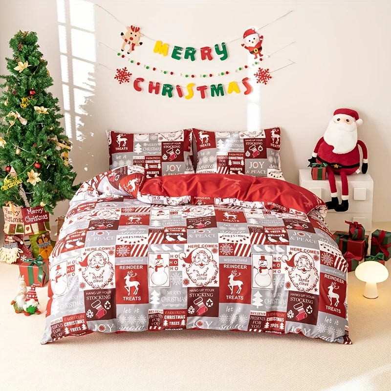 

Christmas Themed Duvet Cover Set with Santa Print - 3PCS Sanded Fabric, All-Season Zippered Comforter Cover with 2 Pillowcases