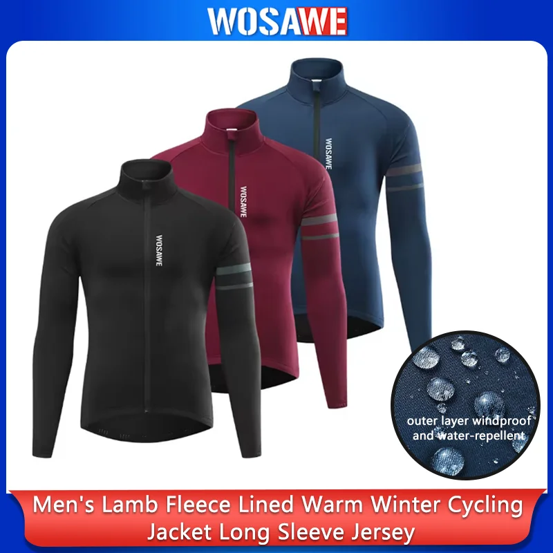 WOSAWE Men's Cycling Jersey Winter Thermal Long Sleeve Fleece MTB Cycling Jacket Bicycle Top Bike Clothing with 3 Rear Pockets