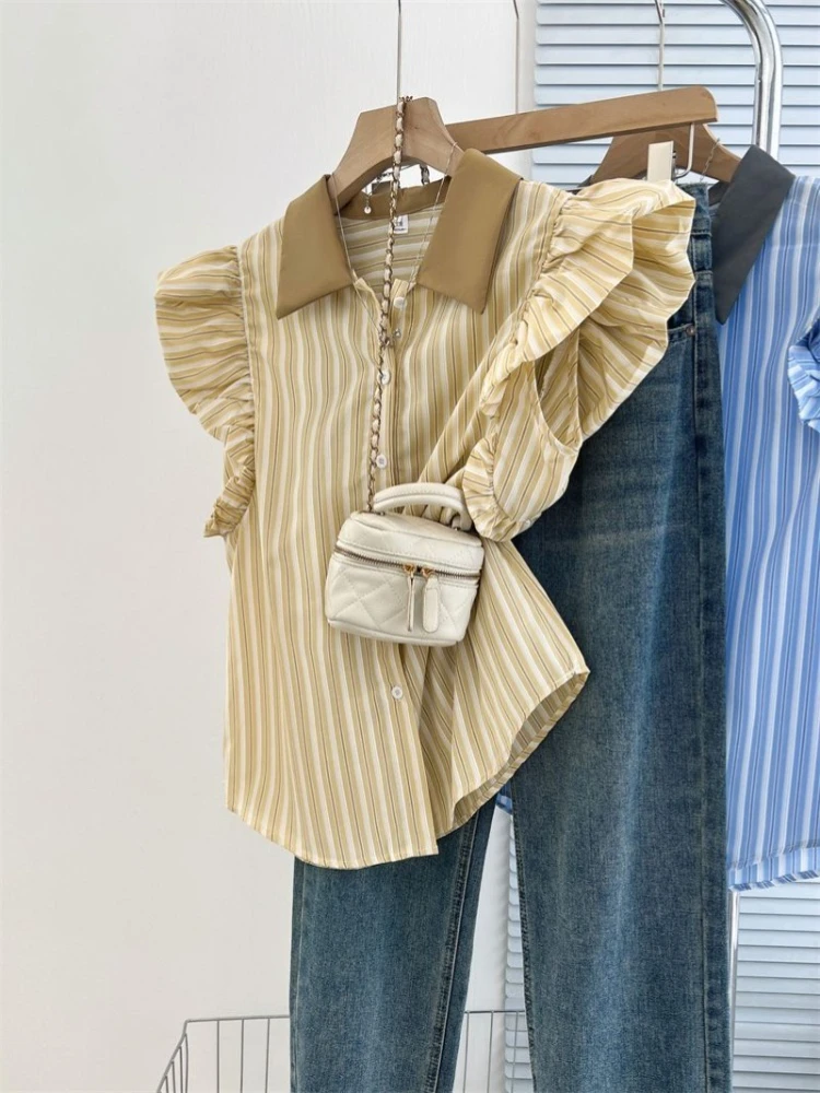 

Fashion Blue Striped Shirt Women Ruffles Patchwork Flying Sleeve 2025 New Lapel Neck Slim Fit Tops Mujer Shirts & Blouses