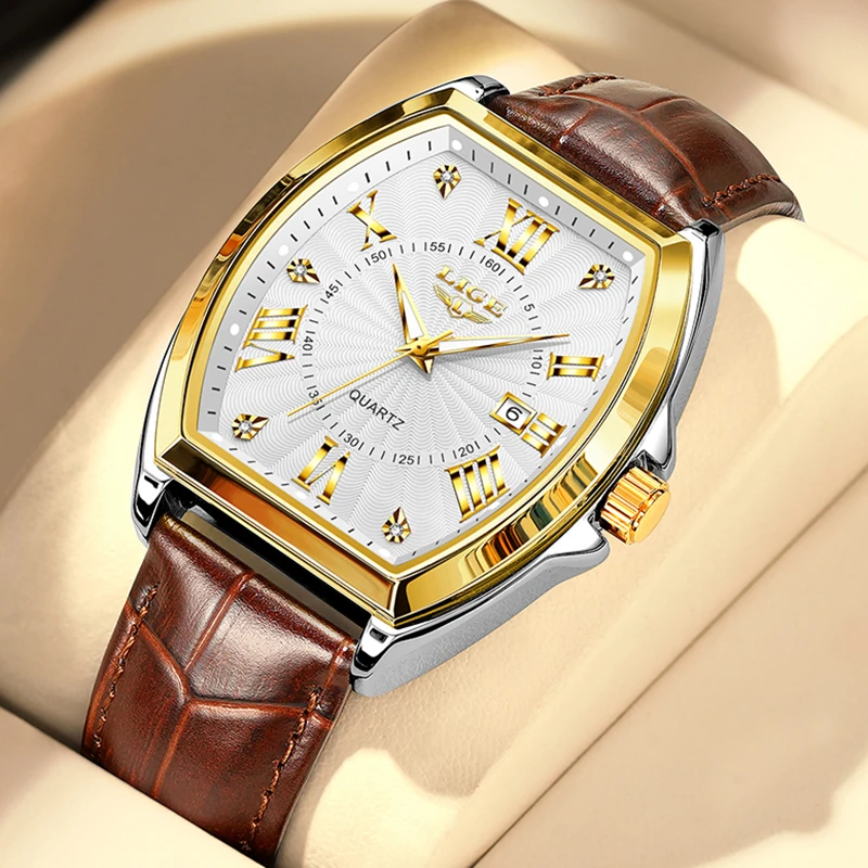 

LIGE New Military Watches For Men Original Brand Luxury Leather Men's Quartz Wristwatch Fashion Waterproof Square Chronograph