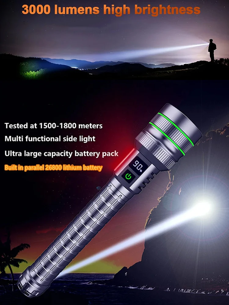 Super Jasna Latarka LED Dalekiego Zasięgu z Akumulatorem 26800 Paralelnym, Taktyczna Latarka Wodoodporna — 2