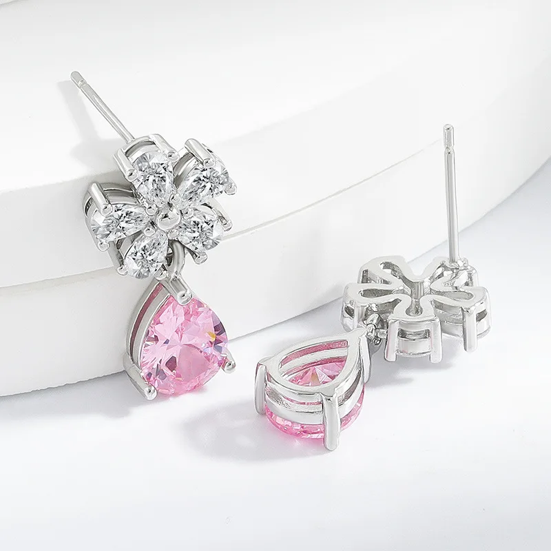 Boucles d'oreilles en argent sterling 925, fleur en cristal, goutte d'eau, diamant rose, design de niche, pour robe de banquet