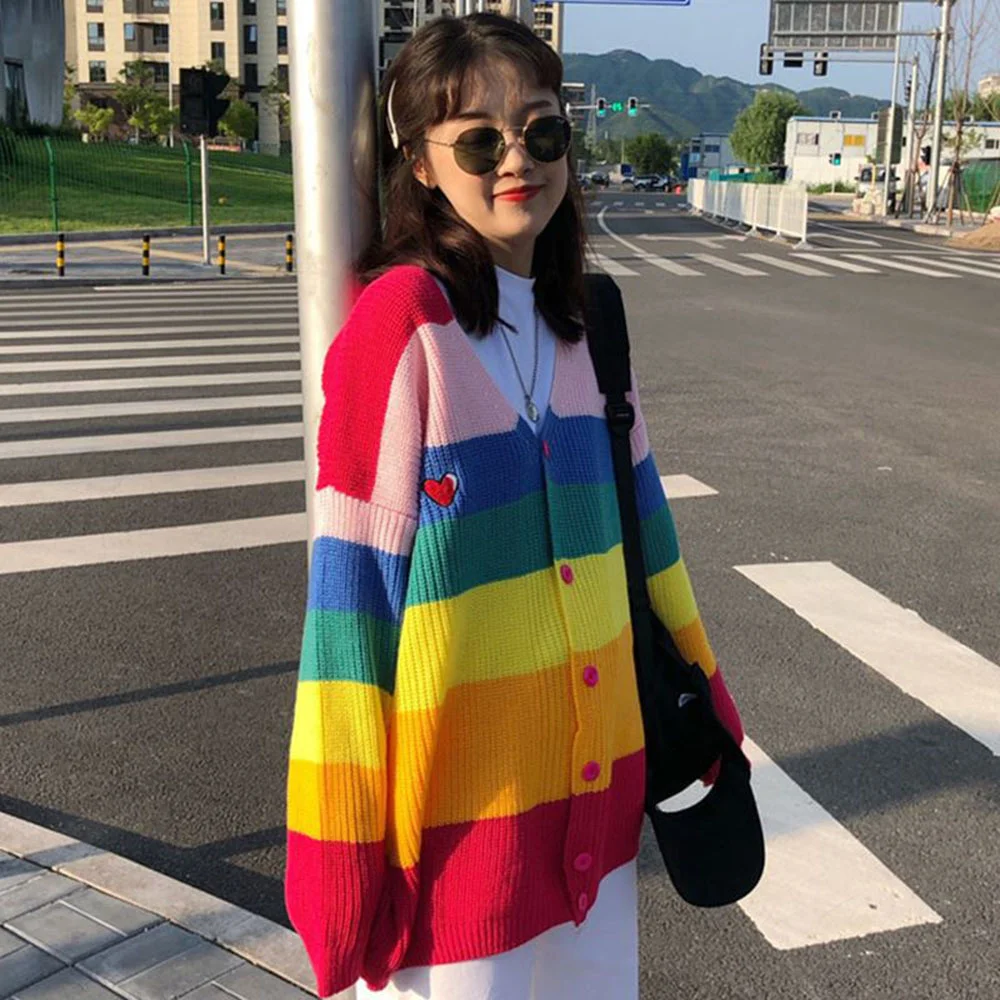 Autumn Spring Harajuku Knit Cardigan Women Striped Rainbow Sweater Coat Female Loose Sweaters Letter Embroidery Jumper Cardigans