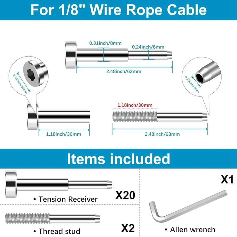 20Pack Invisible Cable Railing Kit,Sst316swage Tensioner And Terminal  For Cable Railing,For Wood/Level/Stair Post Durable