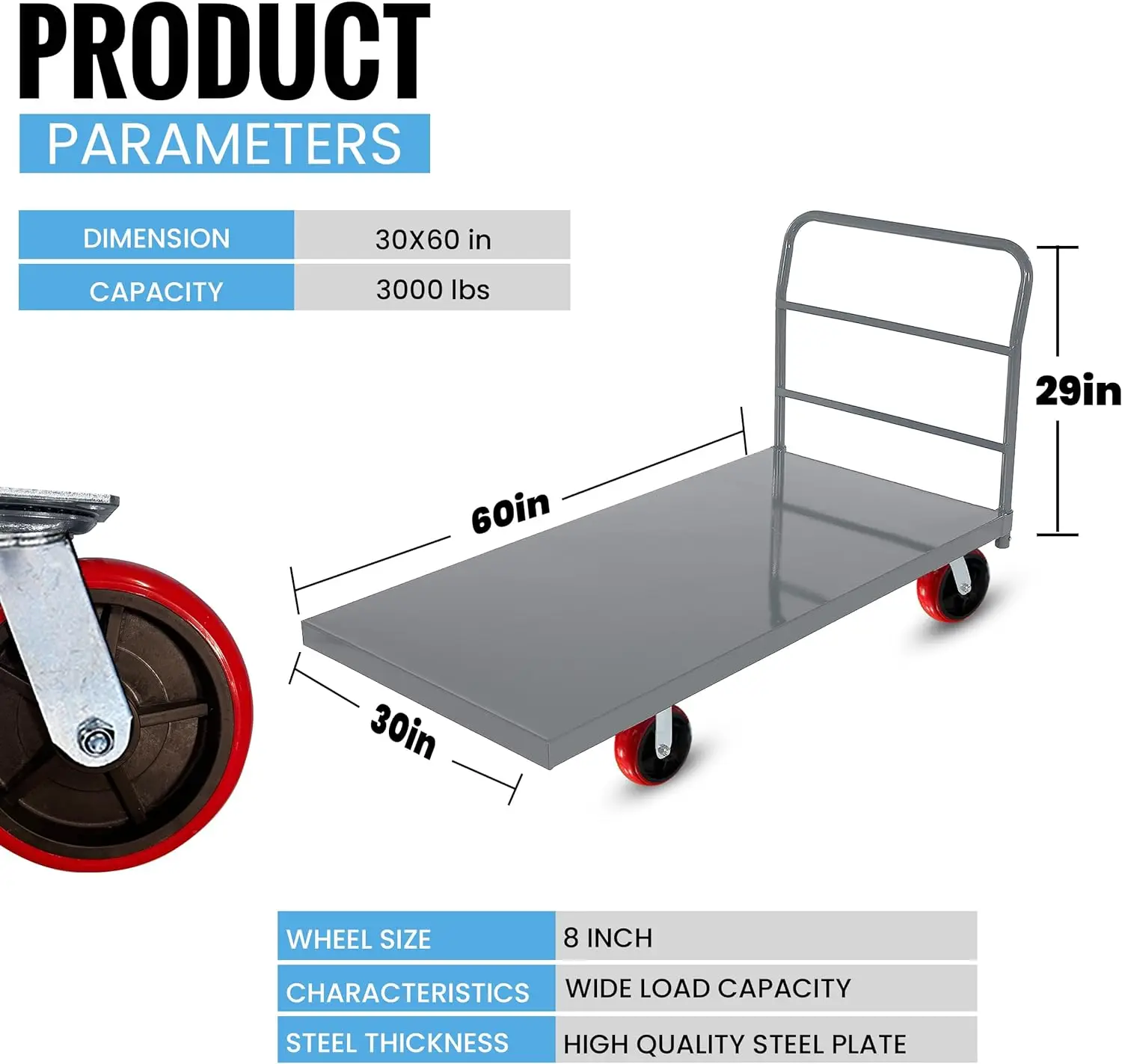 Carrito de plataforma Industrial PushSuper de alta resistencia, ruedas giratorias de 8 pulgadas, movimiento comercial