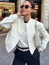 HH 2024 Women Elegant White Coat Long Sleeve Button Bomber Jacket Fashion Woman Casual Solid Office Lady Y2K Outerwear