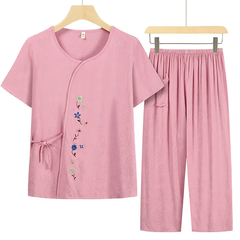 Summer Two Piece Home Wear Women Set Thin Sleeping Cotton Pajamas Female Short Sleeve Cropped Pant Suit Homewear Clothing