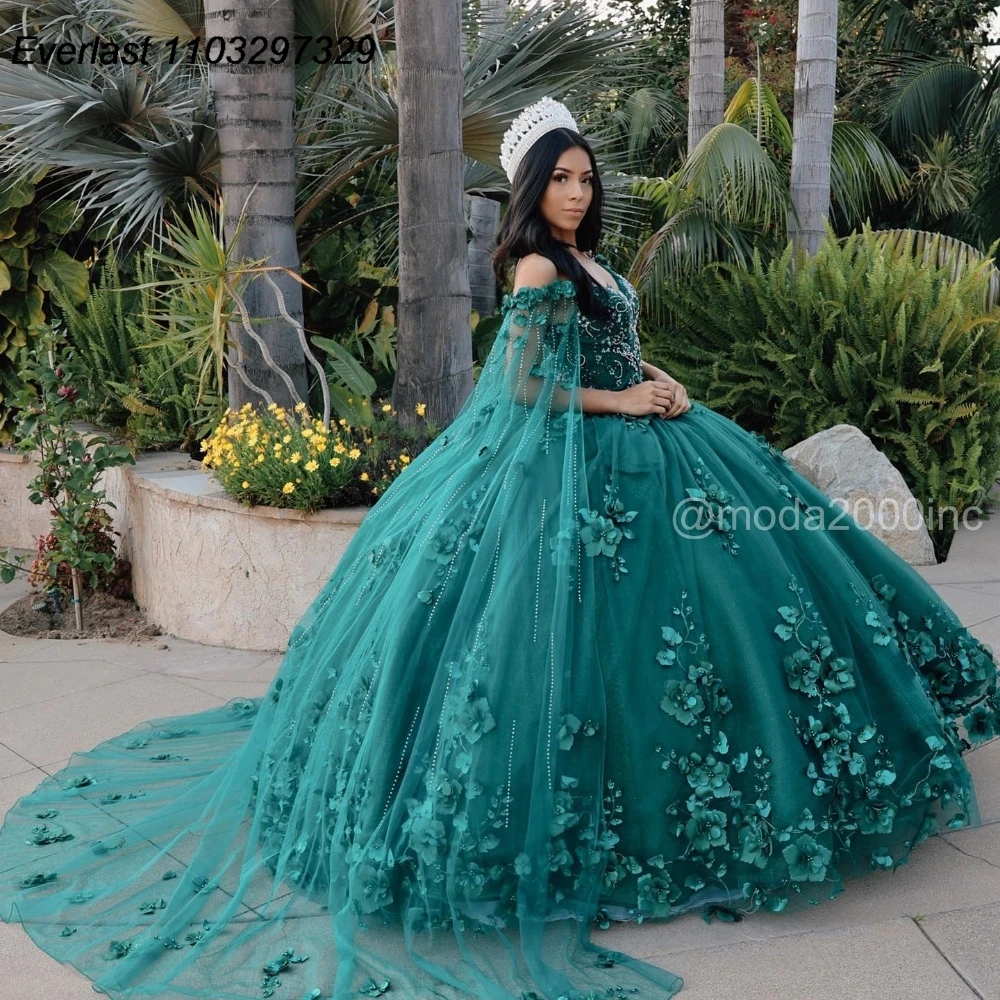 

EVLAST Customized Mexican Green Quinceanera Dress Ball Gown 3D Flowers Applique Beaded Sweet 16 Vestidos De 15 Anos TQD823