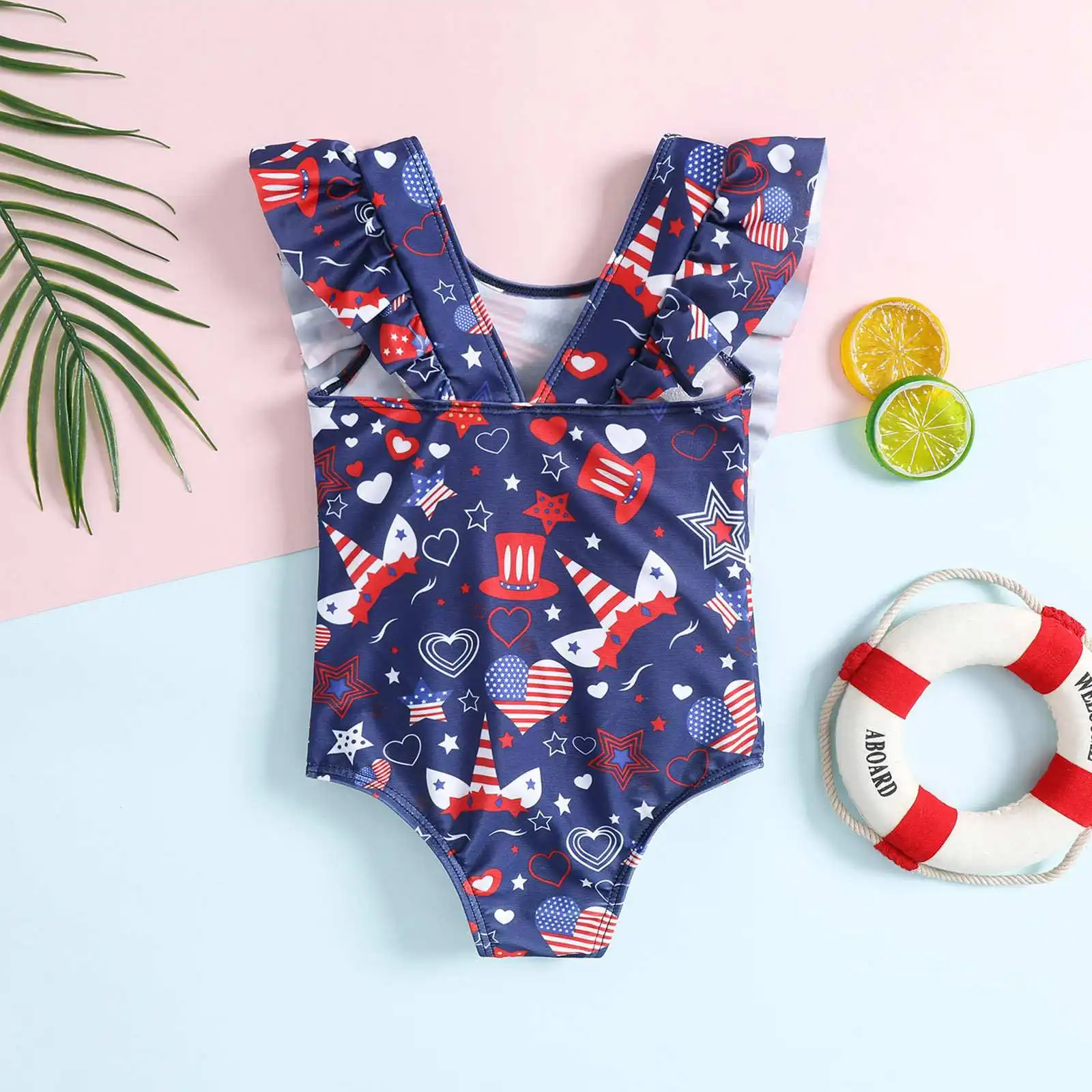 Lovely Kid One-piece Swimsuit Cute Child Stylish Print Swimwear Girl Solid Sleeveless Flounce Swimming Suit Summer Beachwear