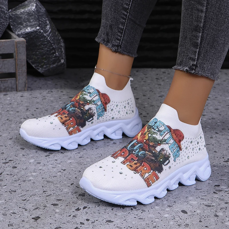 Graffiti Print Platform Sneakers for Women 2024 New Fashion Crystal Knitted Sports Shoes Woman Lightweight Low Top Sock Sneakers
