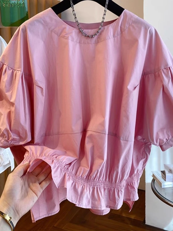 High-End Women's Summer 2025 Loose round Ne irt ort Sve Bubble Sve Doll Top Faionable Versatile Casual Regular Fit