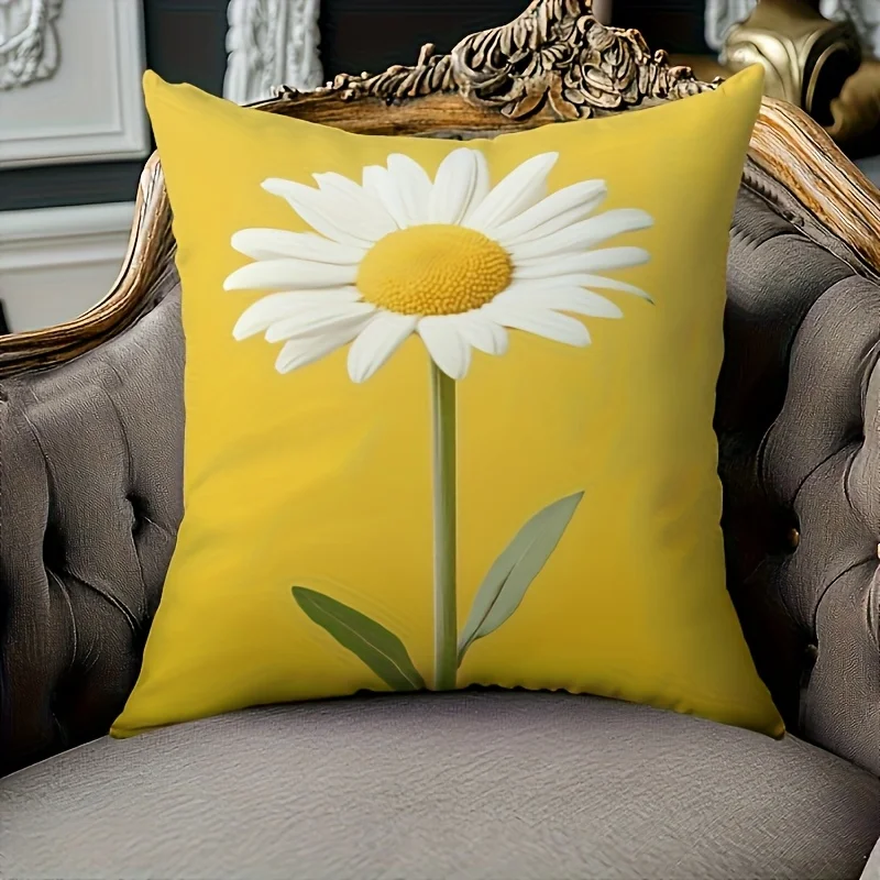 1pc Bright Yellow Daisy Decorative Pillowcase, 2D Double Sided Print Polyester Cushion Cover, Cheerful Floral Home Accent Pillow