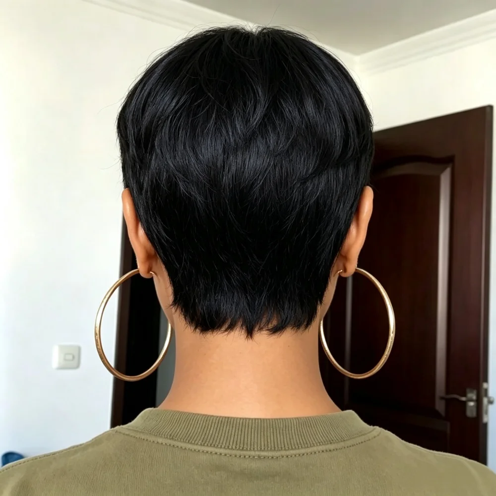 Full Machine Made Human Hair Short Pixie Wig, Soft Natural Black Short Layered Wig for Daily Look