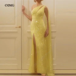 Oimg elegante um ombro glitter lantejoulas vestido de festa de baile luxo fenda lateral sereia princesa vestido de noite até o chão personalizado