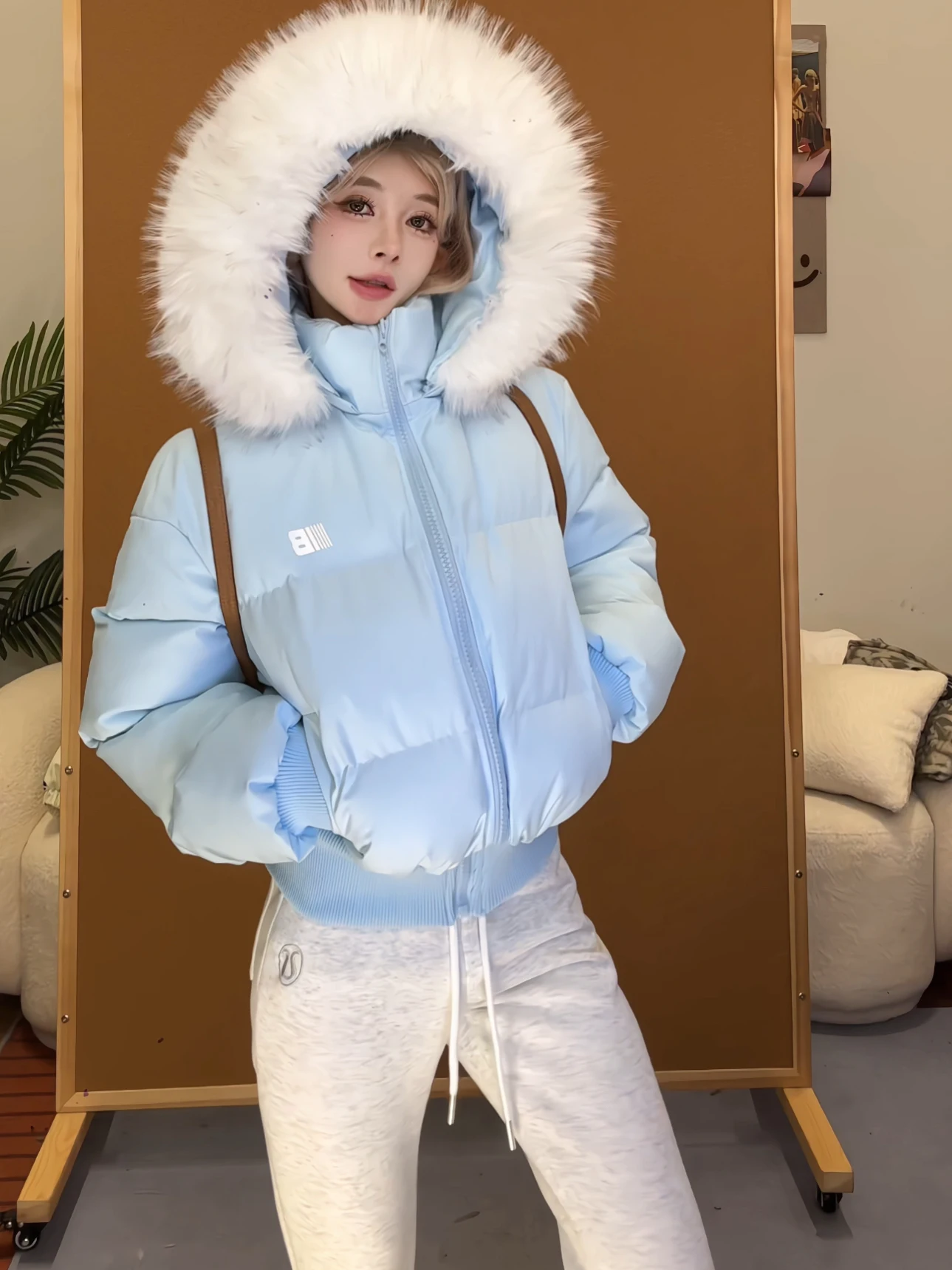 

Sli American Retro Lettering Hooded Jaet Women's Loose Thiened Cotton Coat Autumn Winter Outerwear with Fur Collar