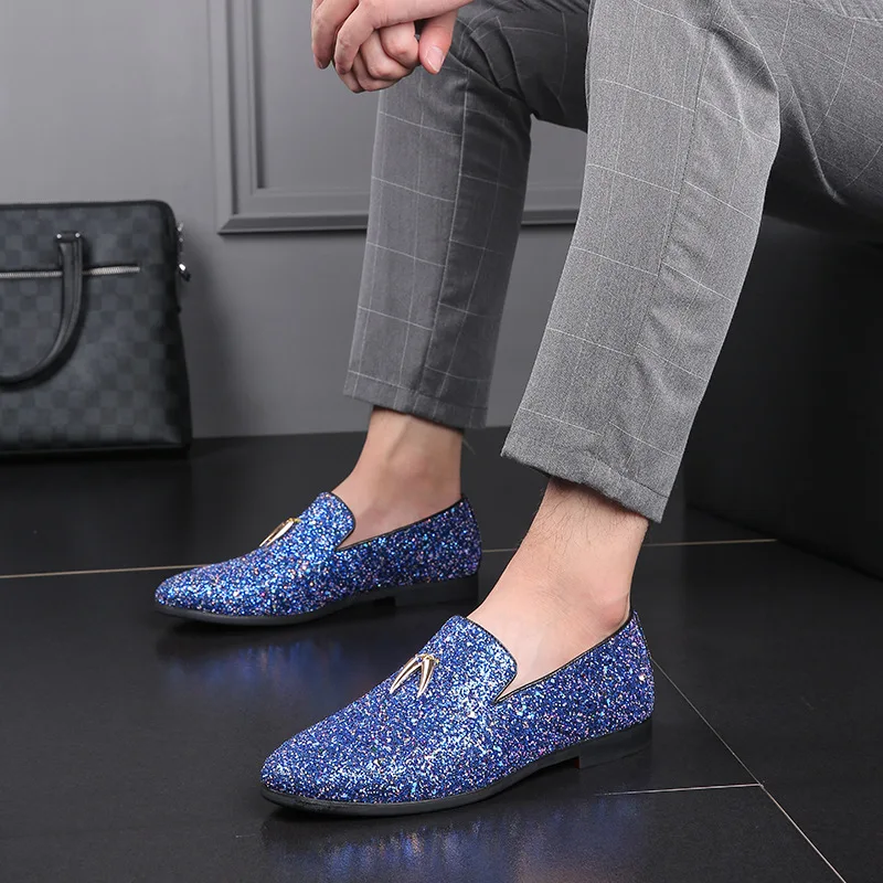 New Designer Retro Pointed Attractive Sequined Wedding Leather Oxford Shoes Blue Men Casual Loafers Formal Dress Zapatos Hombre