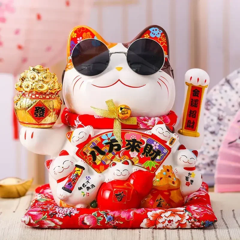 

markii 7Inch Lucky Cat Decoration Feng Shui Fortune Cat Ceramic Electric Wave Hand Treasure Shop Gift Good Luck Home Festive Craft