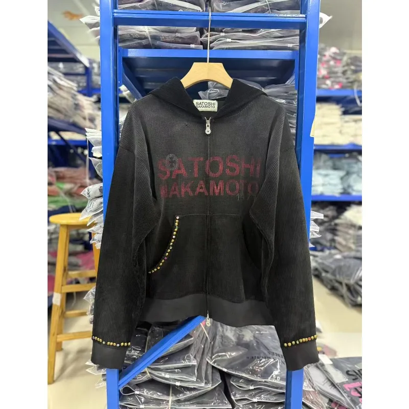 27SS SATOSHI NAKAMOTO Letter Print Destroyed Rivet Washed Vintage Jacket Unisex Loose Streetwear Casual Outerwear