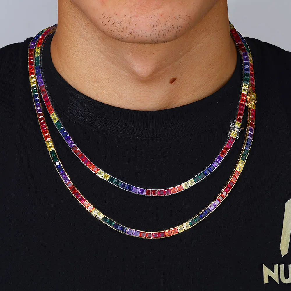 

Мужская теннисная цепочка цвета радуги с камнями CZ, золотое многослойное модное массивное очень знаменитое популярное 4 мм Iced out Icy Chain