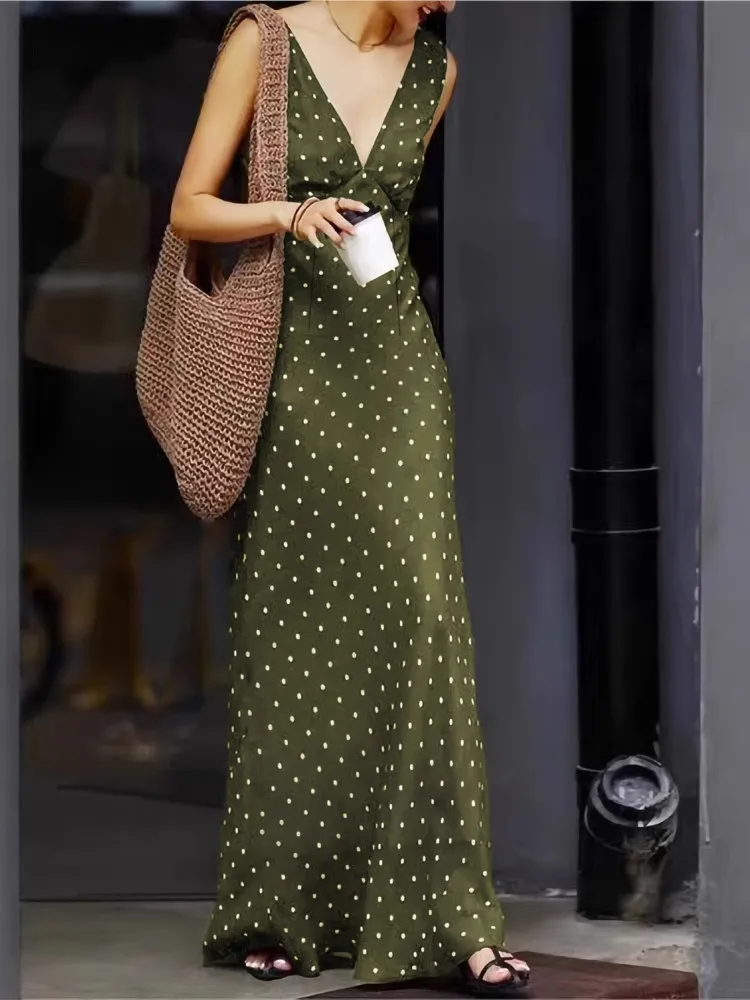 Retro Dresses 2026 Woman Sexy Polka Dot Evening Dress Elegant French Lace-up V-neck Sleeveless Robe Contrast Simple Style Trendy