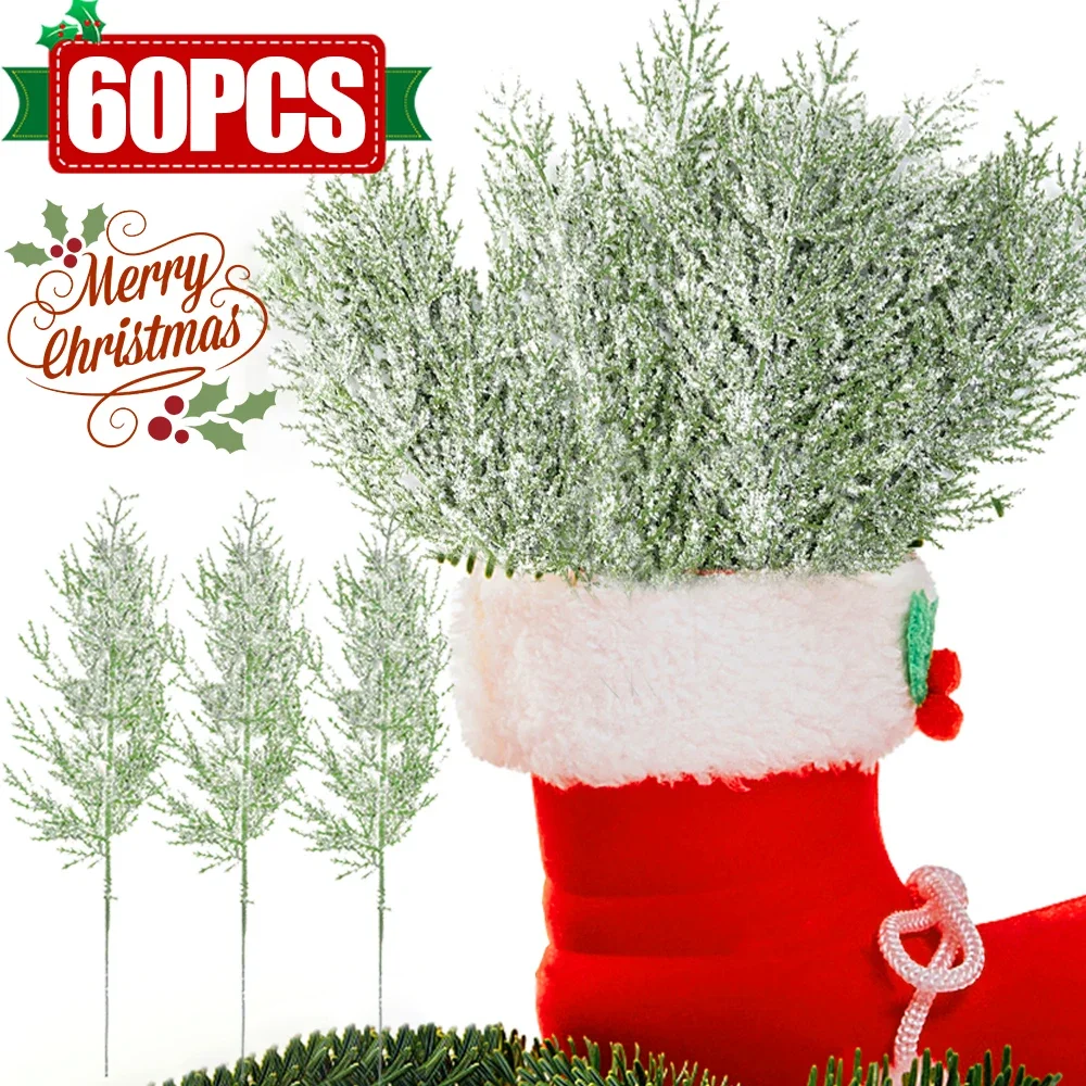 

60/1PCS Frosted Pine Branches Christmas Artificial Faux Cedar Fake Snow Sprigs Pine Leaves Plastic Cypress Garland Wreath DIY