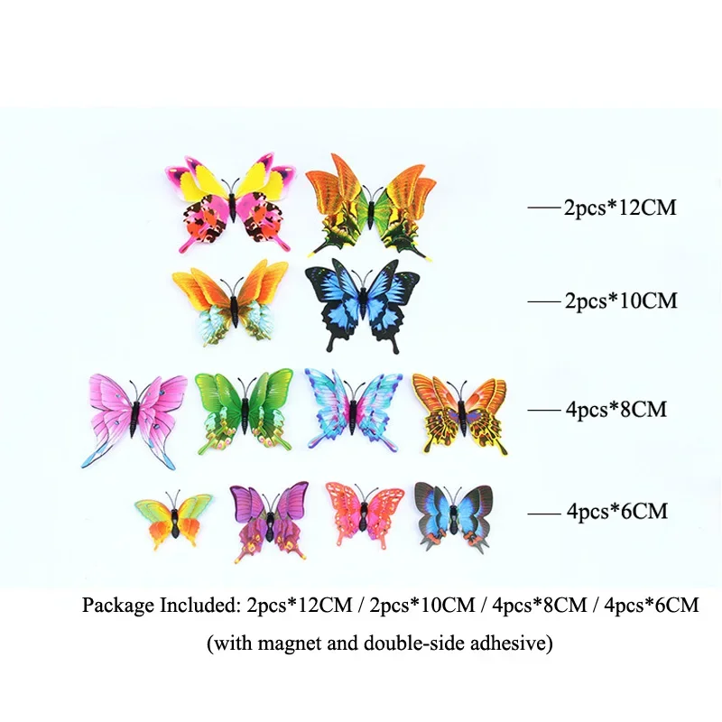 New 12Pcs 3D Double Layer Pteris Butterfly Wall Stickers Home Decoration Magnet Fridge Decals