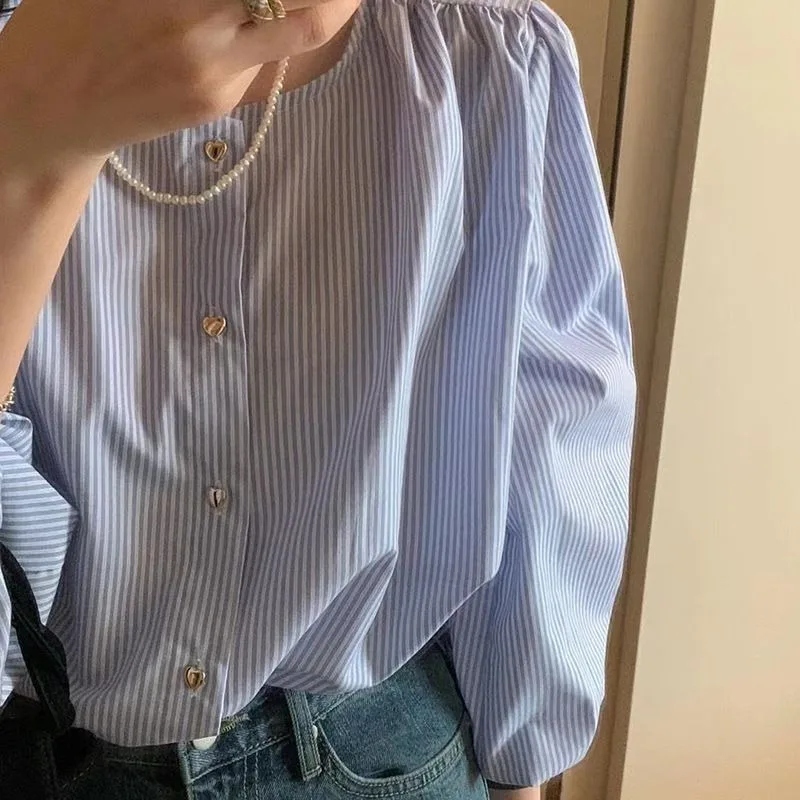 QWEEK Youthful Striped Shirts Woman Korean Fashion Elegant Lantern Sleeve Blouses Casual Chic Old Money Style Spring Aesthetic