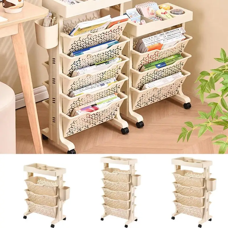 

Book Rack Storage Bookshelf Multi-Layer Shelf Retro Floor Standing Bookcase 360 Degree Swivel Wheels Design Books Holder Rack