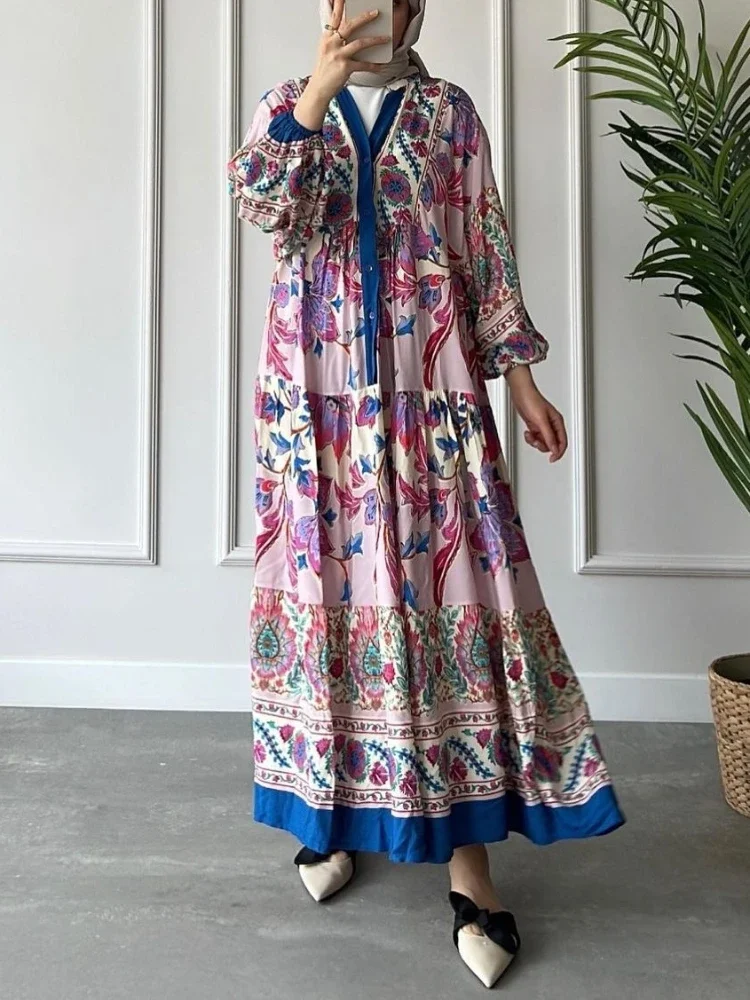 Eid muslimisches Kleid für Frauen Abaya Print Jalabiya Boho Maxi Party kleider Dubai Abayas Kaftan Abaya Islam Vestidos arabische lange Robe