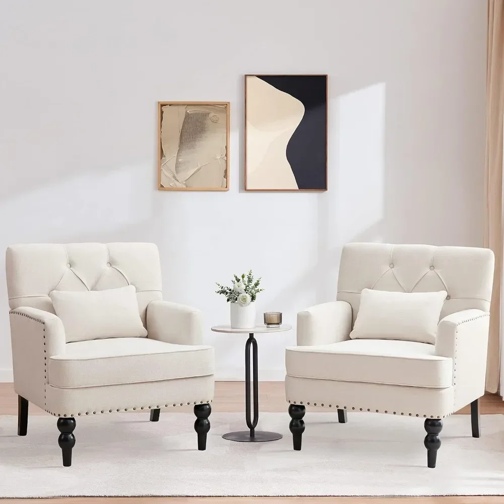 

Tufted Club Chair Set of 2,Accent Chair with Lumbar Pillow, Upholstered Button Armchair, Fabric Sofa Chairs.