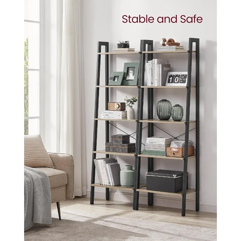 5-Tier Bookshelf Book Shelf Industrial Style Bookcase Bookcase With Steel Frame Kitchen Storage Rack Bedroom Camel Brown + Black