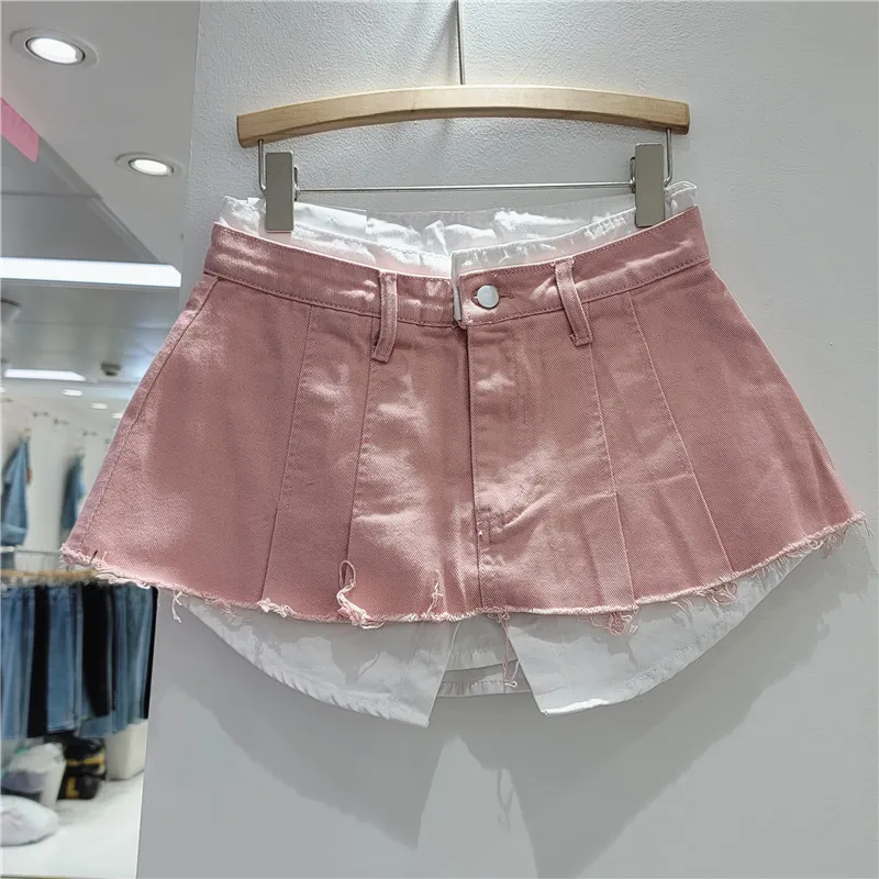 Imagem -02 - Menina Quente Falso de Duas Peças Retalhos Cintura Baixa A-line Denim Shorts Saia Feminina na Moda 2023 Novo Verão Doce Roxo Mini Saia