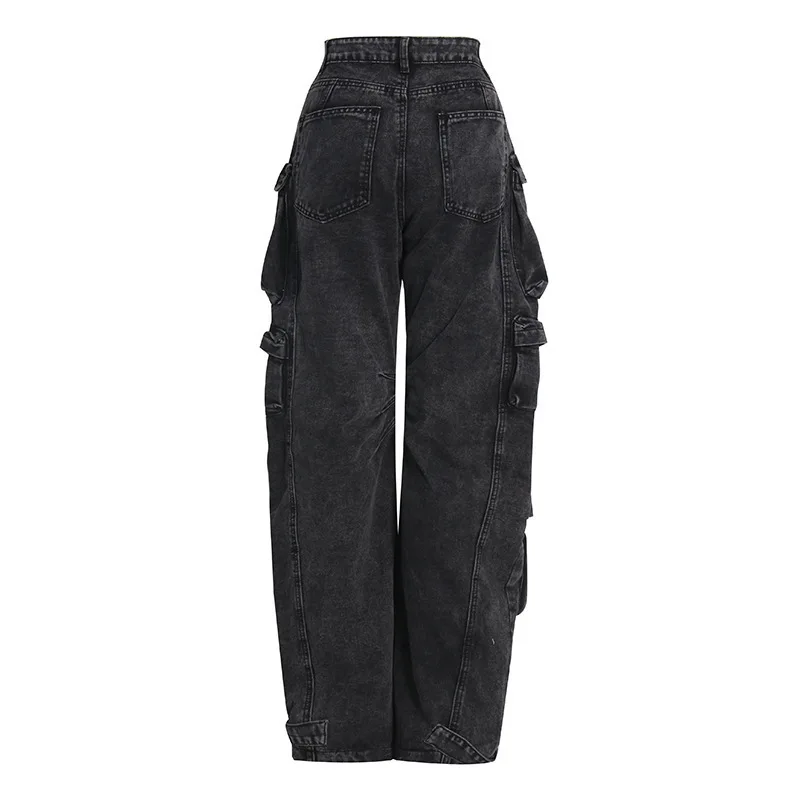 dark gray cotton women's wide-leg loose-fitting jeans, multi-pocket Y2K style pink fashionable jeans