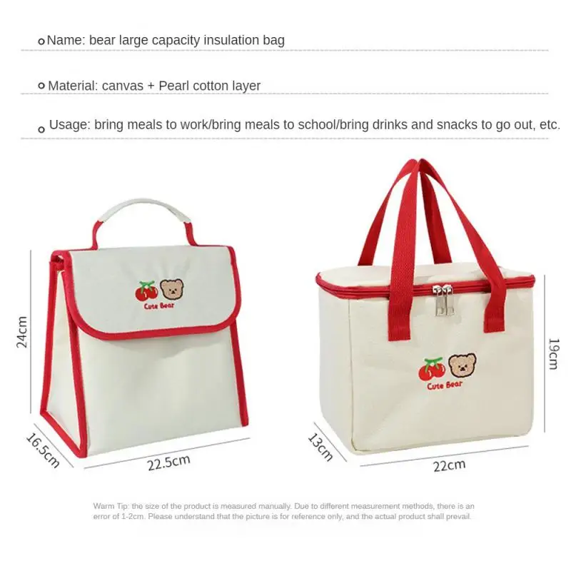 Cute Lunch Bag Large Capacity Canvas Anti-cooling Handbag Aluminum Foil Insulated Food Box Office Worker Portable Bento Bag