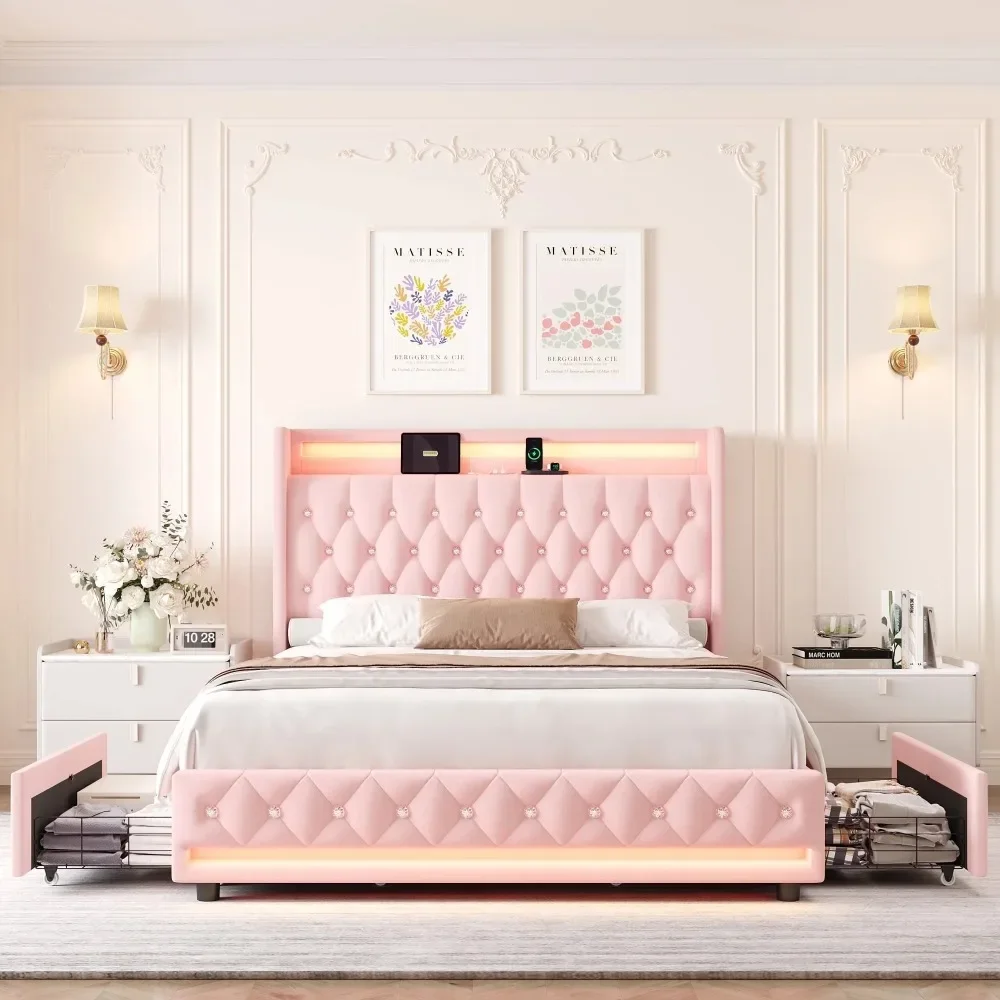 Full Size LED Bed Frame with Outlets and USB Ports,4 Storage Drawers Crystal Button Tufted Velvet Upholstered Platform Bed Frame