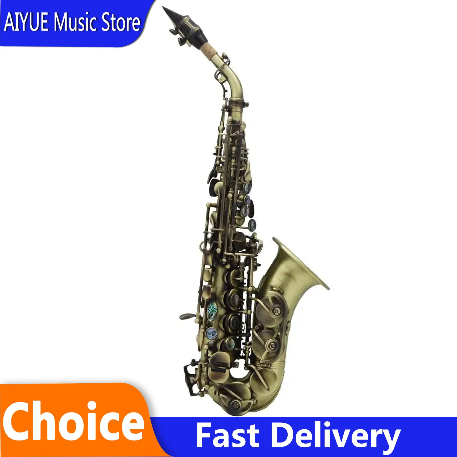SLADE Bb Soprano Saxophone Cyan Antique Small Bend Pipe Sax bronze Copper Tube Body Carved Abalone Shell Button Saxfone Perform