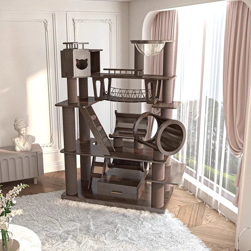 Large solid wood cat climbing frame nest  tree integratedcastle lacquered black walnut color