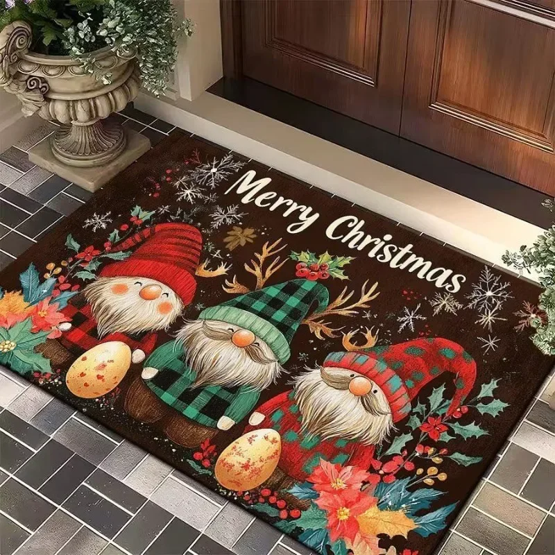 Christmas Gnome Floor Rug Merry Xmas Plaid Gnome Pattern Rug Holiday Doormat for Entrance Home Xmas Decoration
