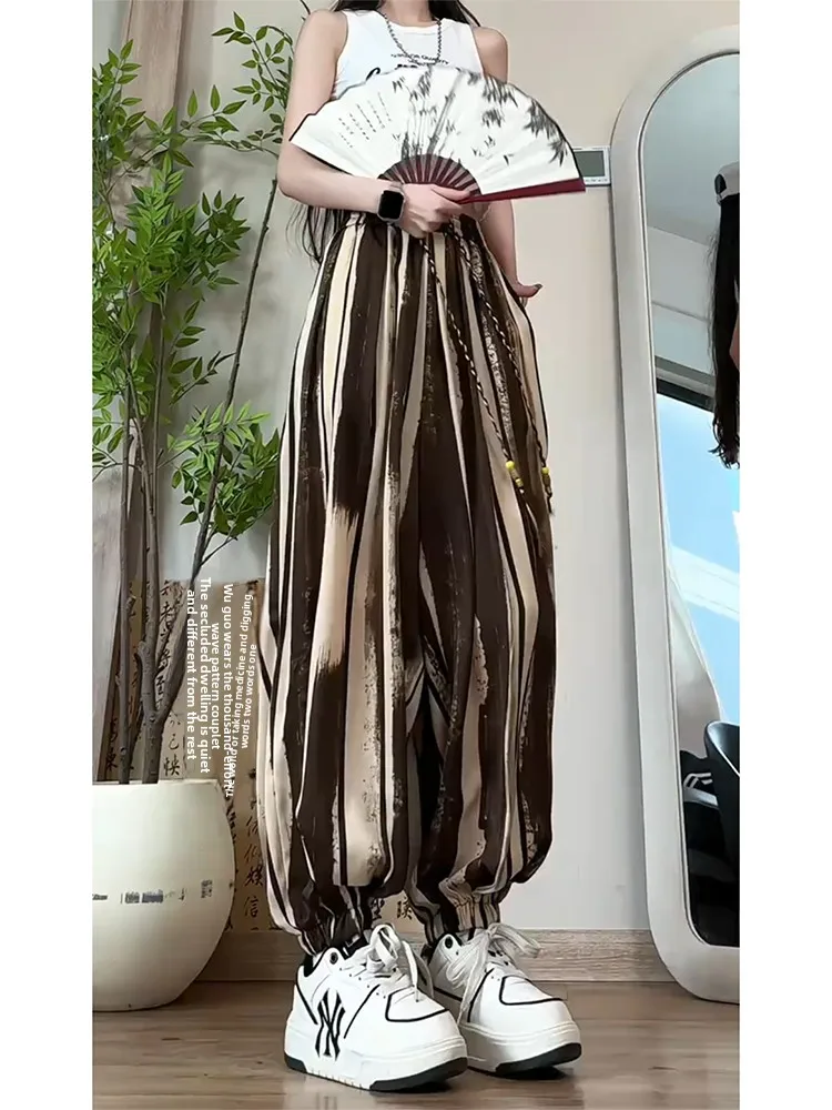 

Summer Men's Loose Fit Ice Silk Pants with Stripe Print And Dstring Straight Leg Casual Trousers Anti-Wrinkle Polyester Fiber