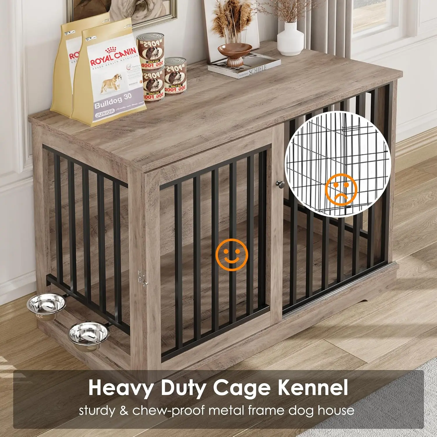 Dog Crate Furniture 47” Large Dog Kennel for Dogs Indoor, Heavy Duty Dog Cage with Sliding Door and 2 SUS Bowls Wooden End Table image 4