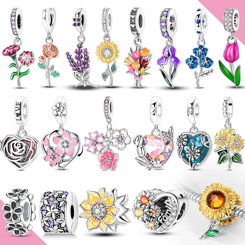 

925 Sterling Silver Charms Beads Flower Spring Sunflowers Tulips Pendant Fit Original Bracelet Necklace Diy Woman Jewelry