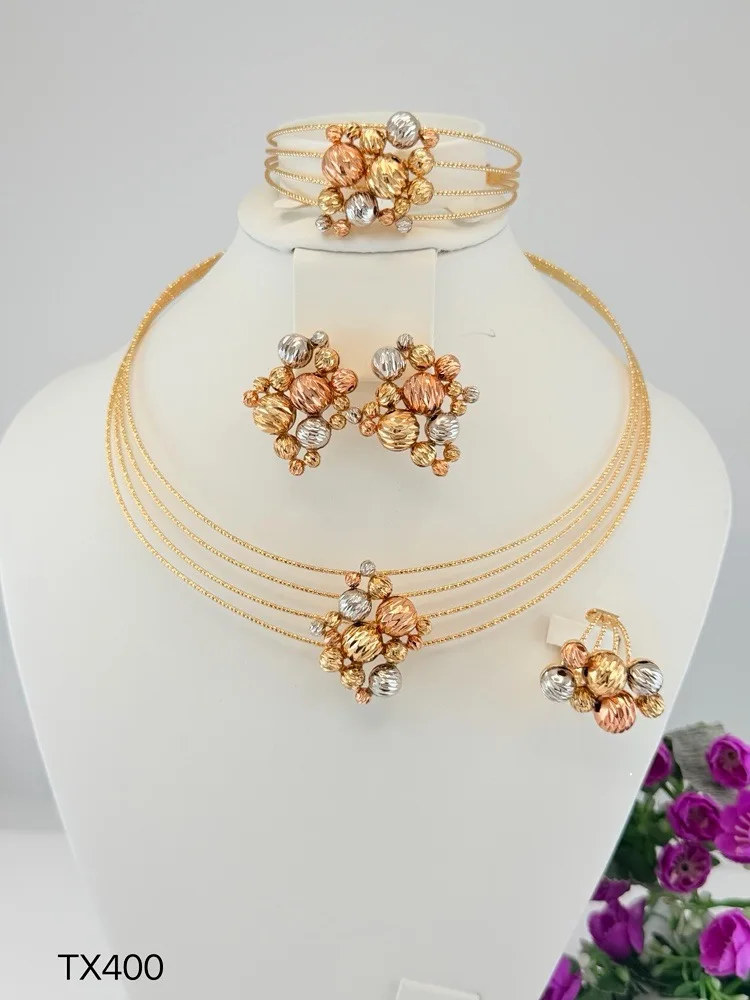 4Pcs Multi-layer Wire Beaded Cluster Jewelry Set Women Textured Ball Statement Necklace Earrings Cuff Bangle Open Ring Wedding
